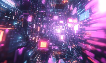 Fototapeta premium Abstract digital tunnel with glowing cubes and neon lights.