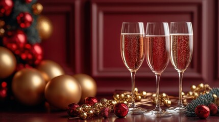 Festive Champagne Glasses with Christmas Decorations.