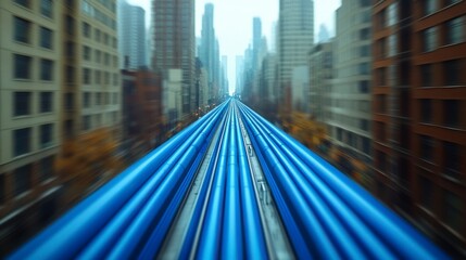 Blue pipes extending toward an oil refinery, showcasing the robust network of pipes designed to deliver raw materials, gases, and liquids for refining and processing.