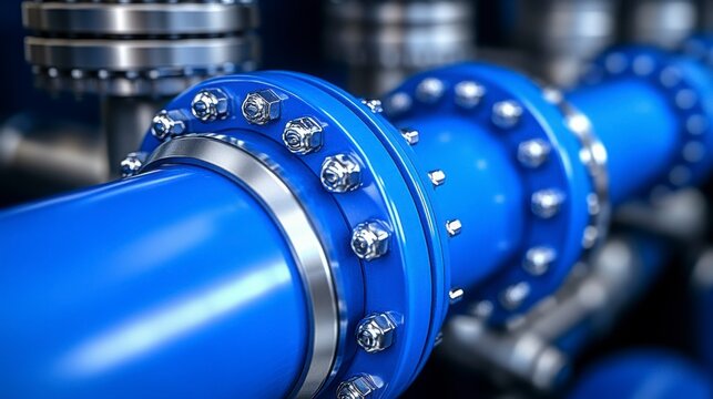 Close-up view of blue pipes connecting to an oil refinery, representing the critical transportation system for moving petroleum and other resources in large-scale industrial settings.