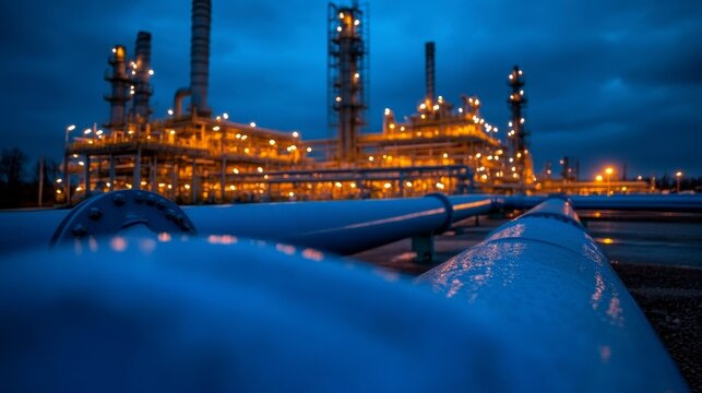 A network of blue pipes directing materials to an oil refinery, symbolizing the vital infrastructure that connects upstream production with refining processes in energy industries.