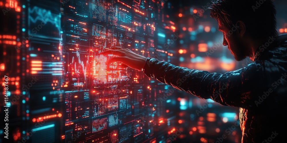 Poster Futuristic Financial Growth Data Visualization with Hand Touching Stock Market Graphs and Digital Interface