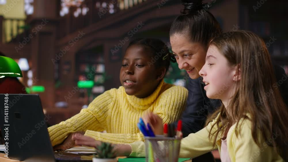 Poster multiethnic scholars in the library engaged in remote learning with their mentor, participating in a