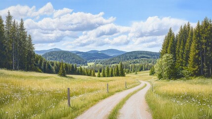 Serene Meadow Pathway Through Lush Green Forest Landscape Scene