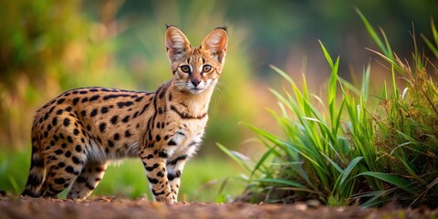 Obraz premium African wild cat with beautiful spotted fur in natural habitat, wildlife, feline, predator, Africa, savannah, carnivore