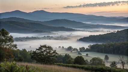 Obraz premium Misty Fog Rolling Over a Quiet Mountain Valley at Sunrise
