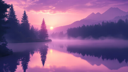 Fototapeta premium Serene sunrise over a misty lake reflecting vibrant purple and pink hues in a tranquil forest setting at dawn. Dawn. Illustration
