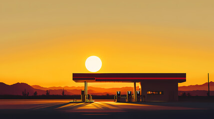 Silhouetted desert gas station at dawn with sunlit horizon. Dawn. Illustration