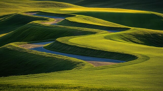 Serpentine Pathway Through Lush Green Golf Course Landscape