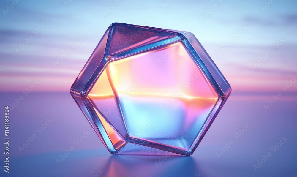 Aufkleber futuristic iridescent hexagonal crystal shape with soft pastel lighting in gradient blue background