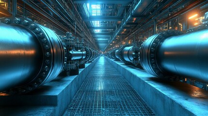 Fototapeta premium Industrial pipelines and valve mechanisms in a chemical plant, illustrating how these systems are essential for the transportation, regulation, and safety of chemicals in large-scale production.