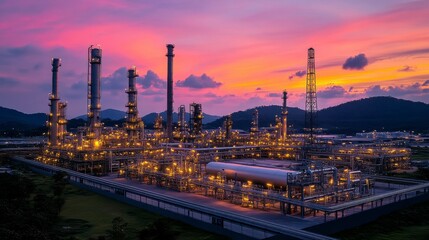 Fototapeta premium Chemical plant pipelines with strategically placed valves, emphasizing the infrastructure that allows for the controlled movement and processing of chemicals and petrochemicals.