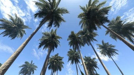 Fototapeta premium Tall Palm Trees Against Clear Blue Sky with Fluffy Clouds Above