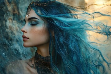Ethereal Young Girl with Flowing Blue Hair as a Powerful Magician or Elf in Enchanted Nature