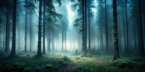Obraz premium Mysterious dark forest covered in thick fog , mist, eerie, spooky, woods, trees, atmosphere, creepy, haunting, misty, dark