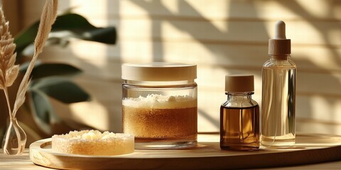 Elegant Display of Natural Skincare Products with Creamy Texture in Transparent Jars on Wooden Tray Surrounded by Soft Natural Light and Greenery