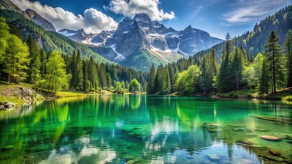 Fototapeta premium Tranquil green lake surrounded by lush forest and snow-capped mountains in Styria, Austria, Gr?ner See, Green Lake, Styria
