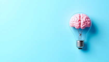 Innovative image of a light bulb containing a brain symbolizing creativity, intelligence, and ideas. Represents conceptual thinking and innovation. Perfect for themes of brainstorming, imagination, an
