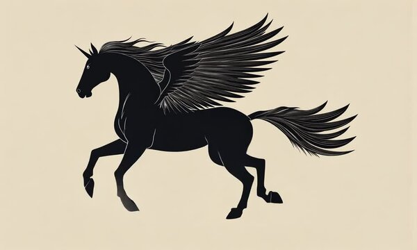 A Black Winged Unicorn in Flight, Stylized Silhouette