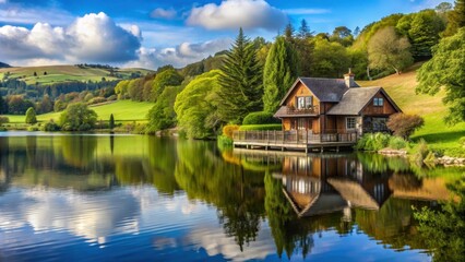 Fototapeta premium Holiday property over a scenic lake in England, lake, vacation, property, house, cottage, holiday, England, relaxation, getaway