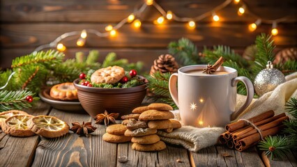 Naklejka premium Cozy holiday scene with cookies and hot chocolate, winter, Christmas, cozy, festive, warmth, fireplace, cookies