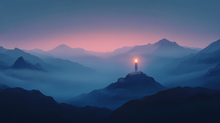Lonely misty dawn landscape with a single flickering candle on a distant mountain symbolizing longing and separation anxiety. Dawn. Illustration