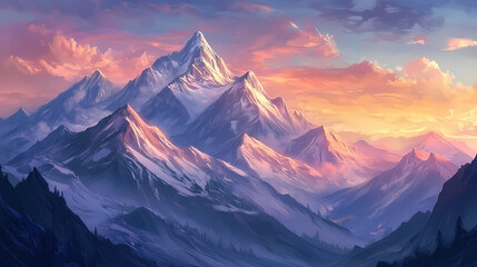 Majestic mountain range landscape at dawn. Dawn. Illustration