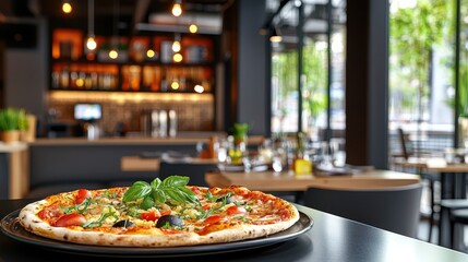 italian food Freshly Baked Pizza with Tasty Toppings Served in Modern Restaurant Interior