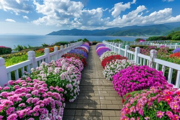 Coastal Flower Garden Path Ocean View Blooming Flowers Spring Landscape