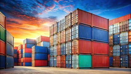 Fototapeta premium Shipping containers stacked up in dockyard, Felixstowe, England, Shipping containers, stacked, dockyard