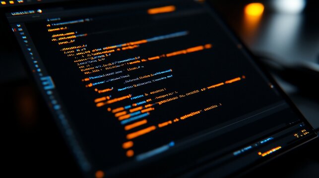 Close-up of laptop screen displaying lines of code in dark ambiance.