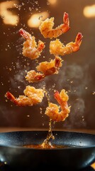 空中で揚げたサクサクの黄金色のエビフライのダイナミックなアクションショット