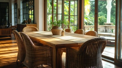 Stylish dining room interior with wooden table and rattan chairs