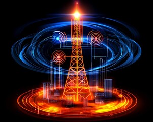 World radio day concept, A glowing radio tower emits waves, surrounded by digital effects, symbolizing communication and technology.