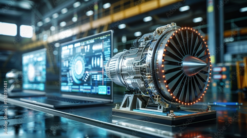 Poster jet engine model with diagnostic software on laptops in a factory.