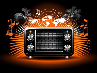 World radio day concept, A retro radio surrounded by music notes and sound waves, representing the connection between music and global culture.