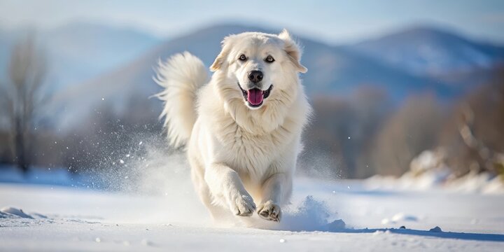 Great Pyrenees dog running through snowy landscape, Great Pyrenees, dog, running, snow, winter, white, fluffy, large breed