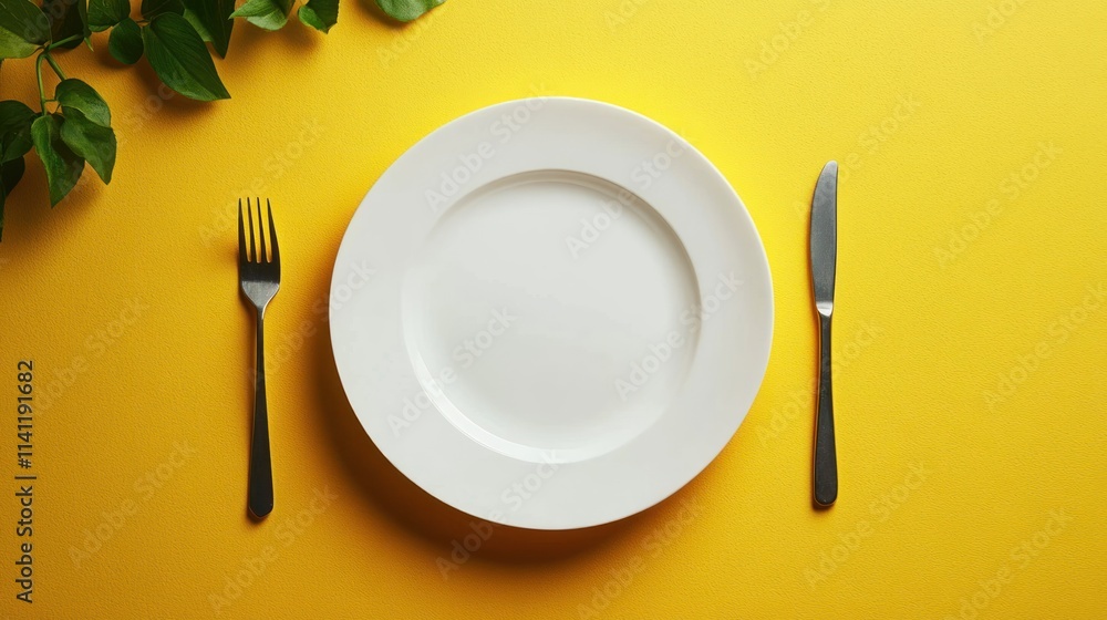 Poster top view of a white plate with fork and knife on yellow background with clean empty space