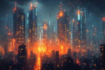Futuristic Cityscape Night Forex Trade Concept with Growing Market Indicators and Neon Skyscrapers