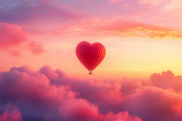 Obraz premium A bright red, heart-shaped hot air balloon floating over the sky and clouds on the sunset