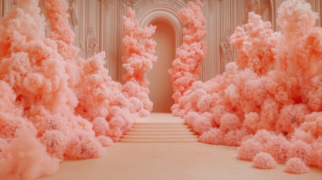 Elegant empty podium with clusters of gypsophila flowers, set against a warm beige background, creating a tranquil and refined atmosphere for a stage showcase or ceremony.