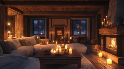 Cozy winter chalet living room with fireplace and candles.