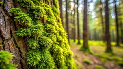 Close-up of moss on tree bark in forest setting, captured in daylight hours, moss, textured, tree bark, close-up, forest