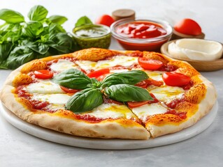 italian food Freshly Baked Margherita Pizza with Basil, Cherry Tomatoes, and Sauces on Table