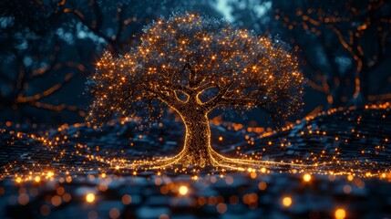 Luminous tree in dark forest, lit with many golden lights.