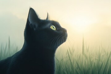 Obraz premium A black cat gazes thoughtfully at the sunrise, surrounded by a misty landscape.