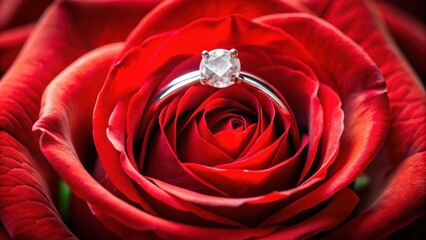 Red rose with a single diamond solitaire ring, red rose, solitaire ring, diamond, romance, love, proposal