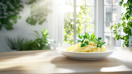 Italian food Elegant Plate of Fresh Fettuccine Garnished with Herbs in Bright Kitchen Setting