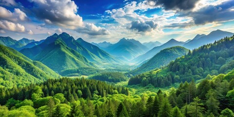 Mountains, sky, and lush green forest in the valley, perfect for trekking tourism, mountains, sky, forest, valley