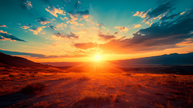 A tranquil sunrise over a desert landscape with the sun rising above the horizon. Dawn. Illustration